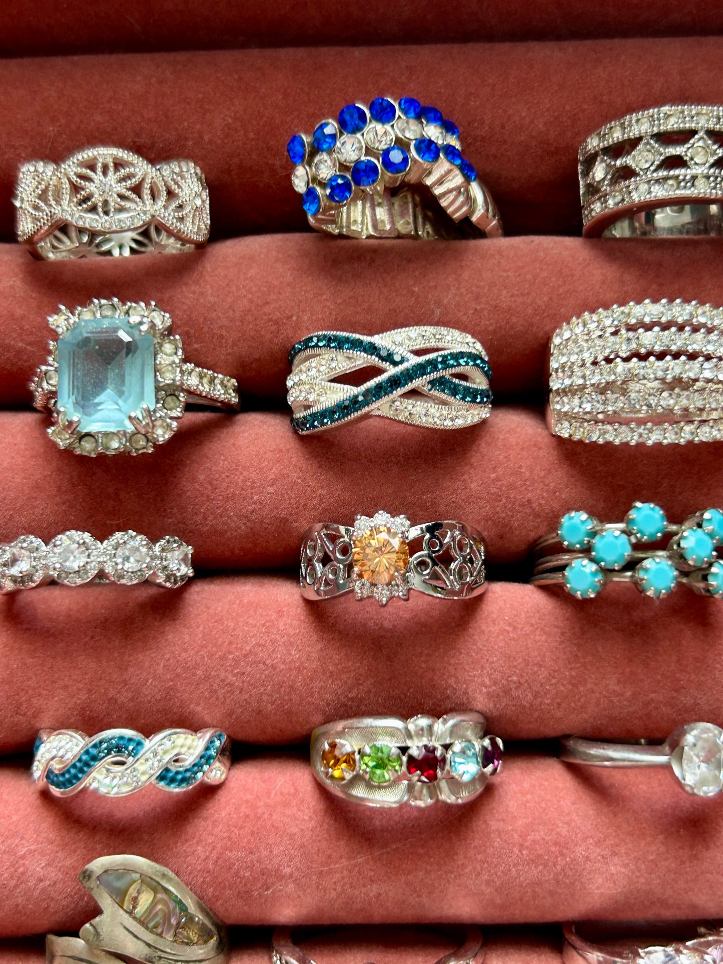 Lot of 23 Costume Rings Vintage to Now Gold Plate Rhinestones Bands Faux Stones