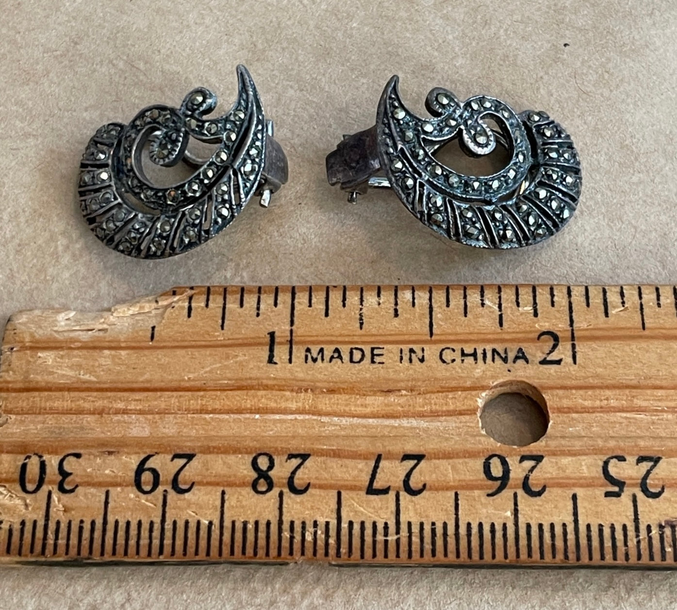 Sterling Silver 925 Marcasite Vintage Clip On Filigree Earrings