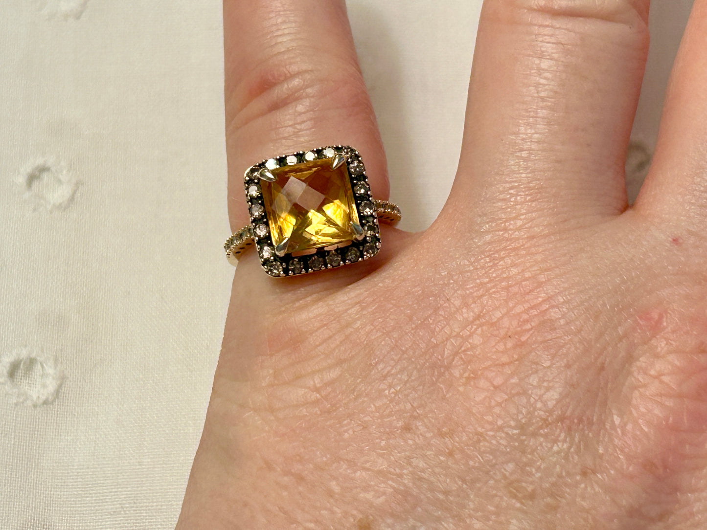 14K Yellow Ring Gold Square Cut Citrine With Chocolate Diamond Halo Signed