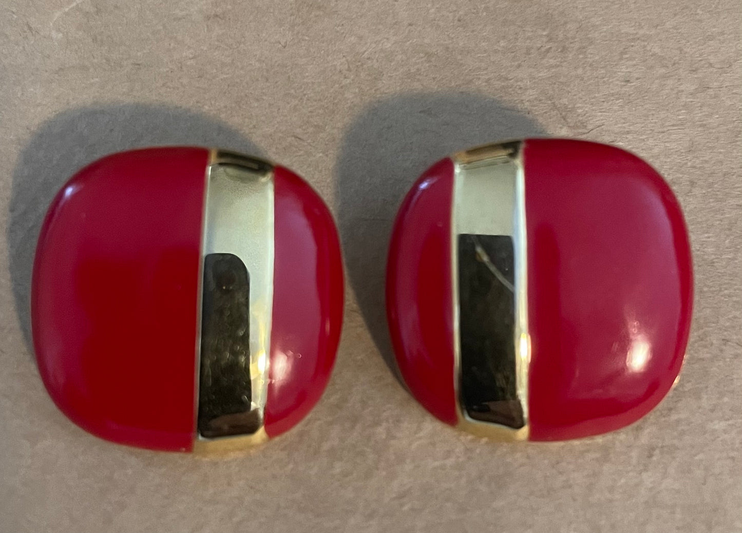 Vintage Monet Gold Tone Red Enamel Square Pierced Earrings