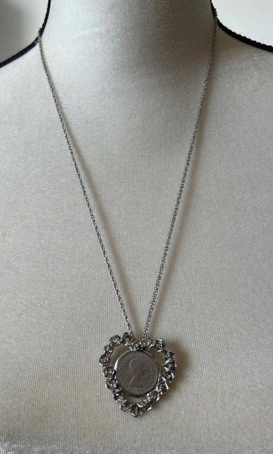 Vintage Silver Tone Chain Link Necklace Rose Heart Canadian Coin Pendant