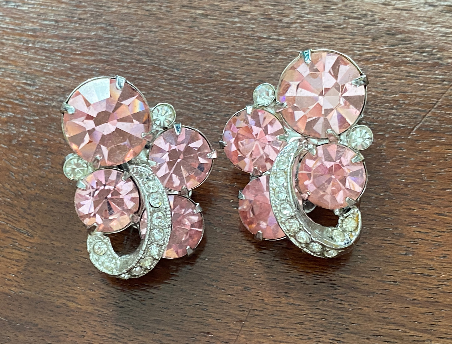 Vintage Signed Eisenberg Pink Clear White Rhinestone Clip on Earrings