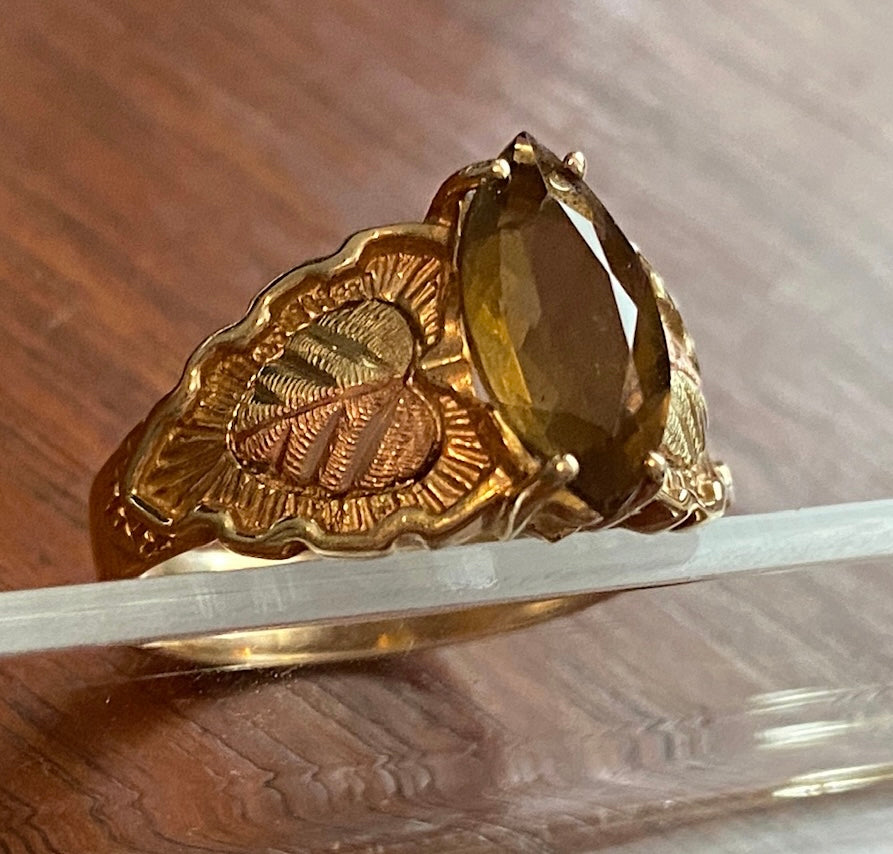 Black Hills Gold 10k Yellow Gold Tritone Whiskey Quartz Ring Sz 8