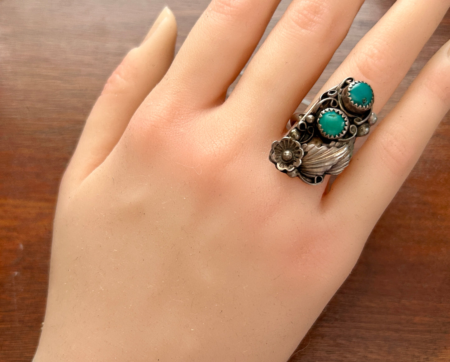 Native American Sterling Silver 925 Turquoise Ring Sz 7 Signed RHR Flower Motif