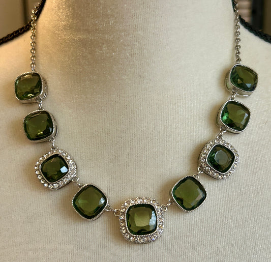 Silver Tone Trifari Large Green Faceted Crystal Necklace