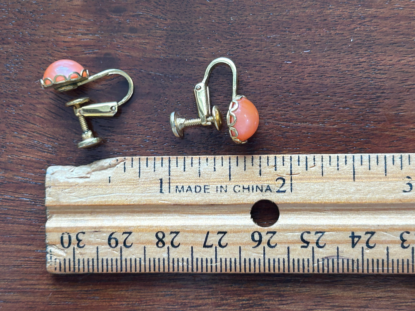 Vintage Gold Tone Cabochon Coral Clip On Earrings