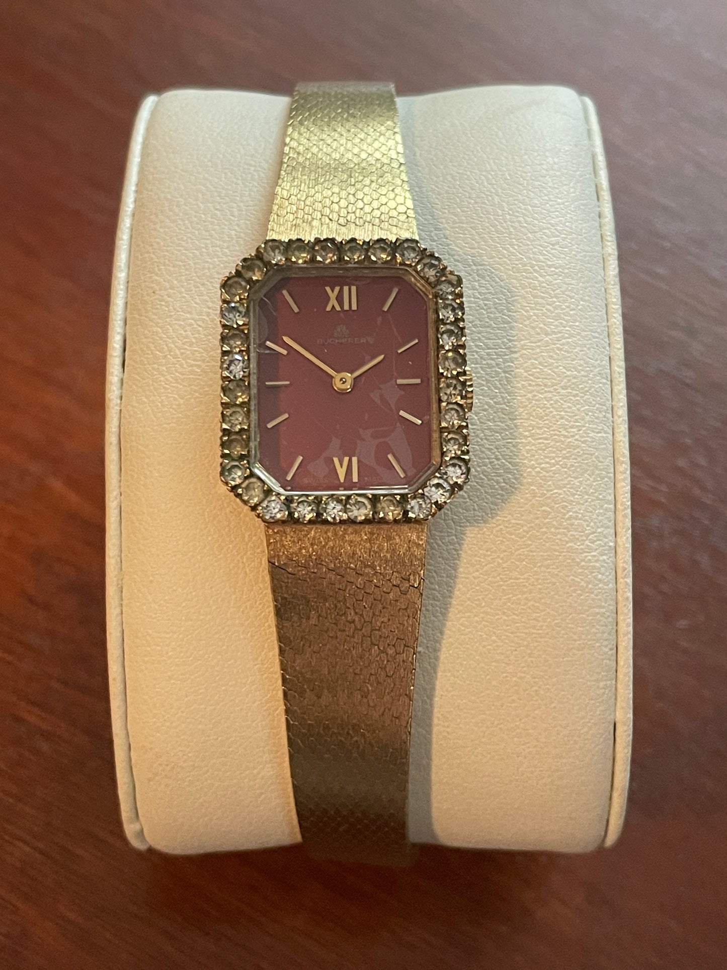 Vintage Women's Bucherer Wristwatch Red Dial Jeweled Bezel Gold Tone