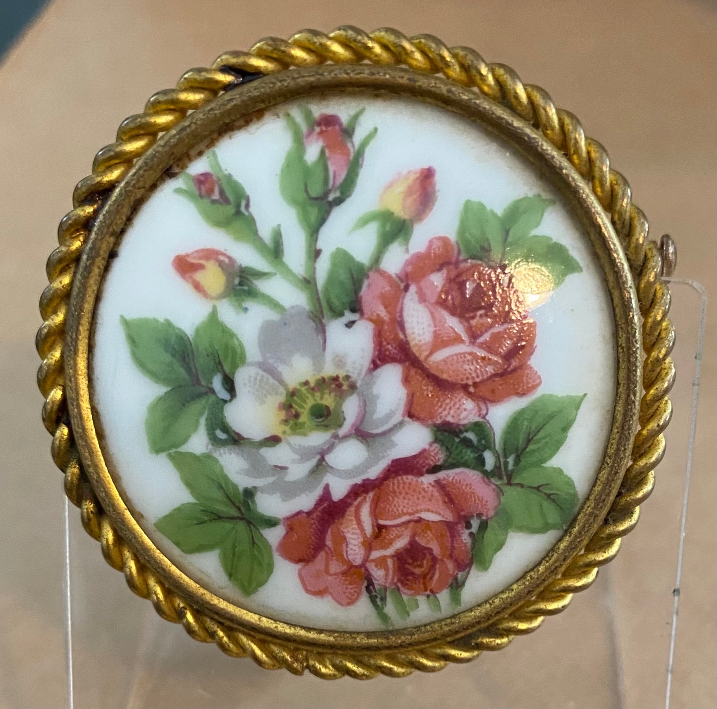 Vintage Signed Limoges France Painted Floral Gold Tone Brooch Pin