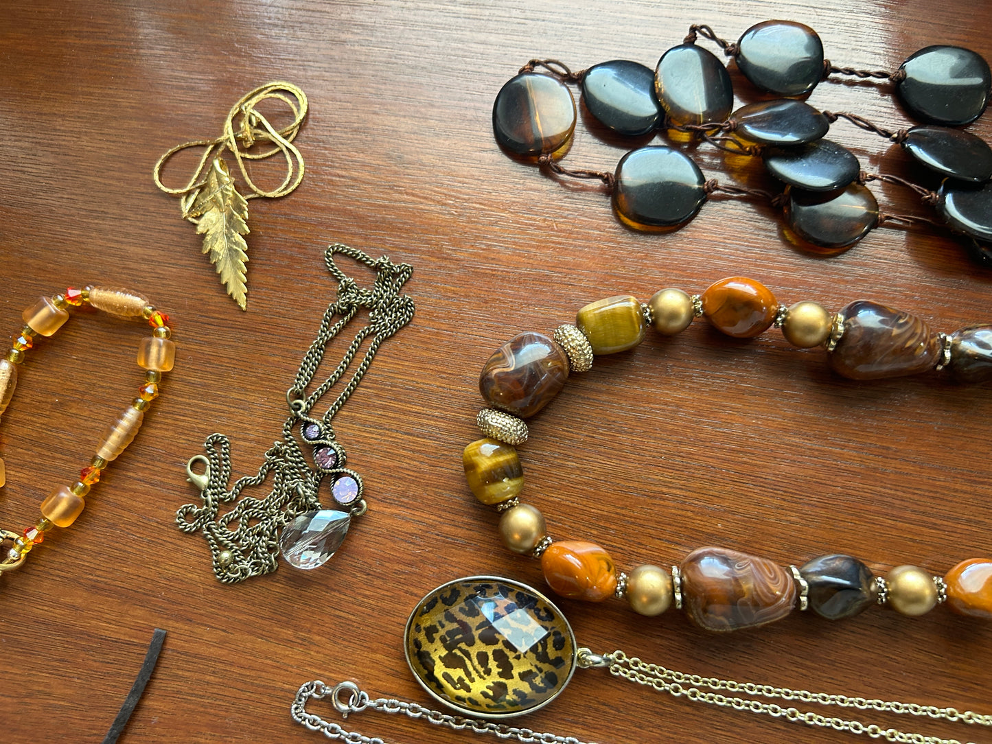 Vintage to Now Earth Tone Jewelry Lot Beads Pendants Leaf Gold Leaf Heart & More