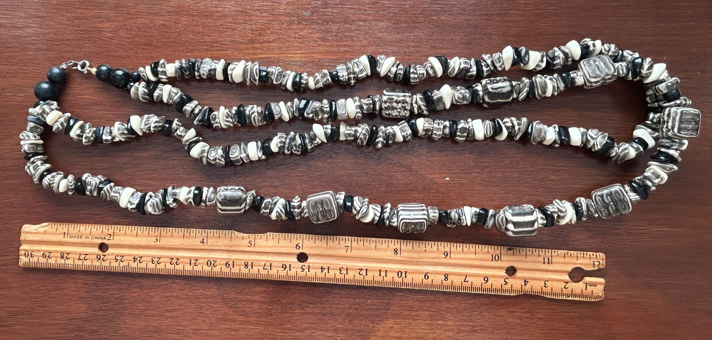 Vintage Black & White Tribal Art Beads Double Strand Necklace