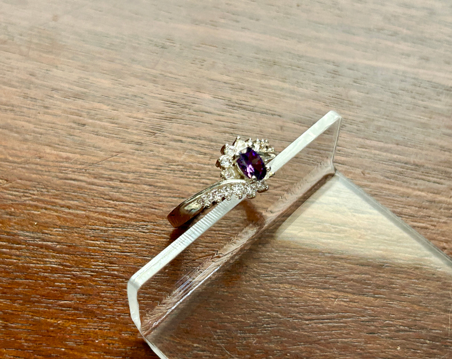 Silver Tone White Purple CZ Faux Amethyst Ring Sz 8.25