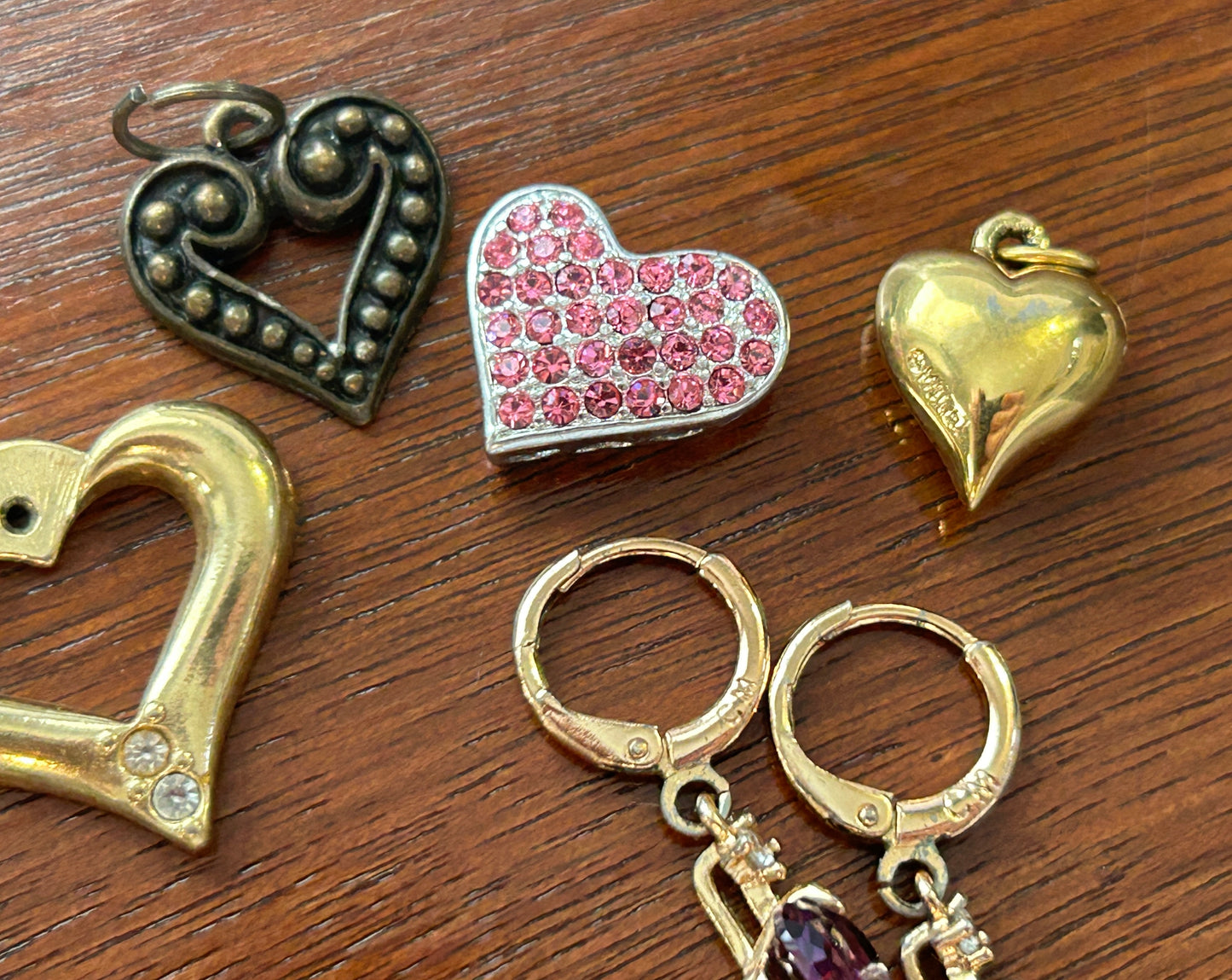 Vintage to Now Lot of Heart Pendants Charms Monet Puffy Rhinestone Gold Tone