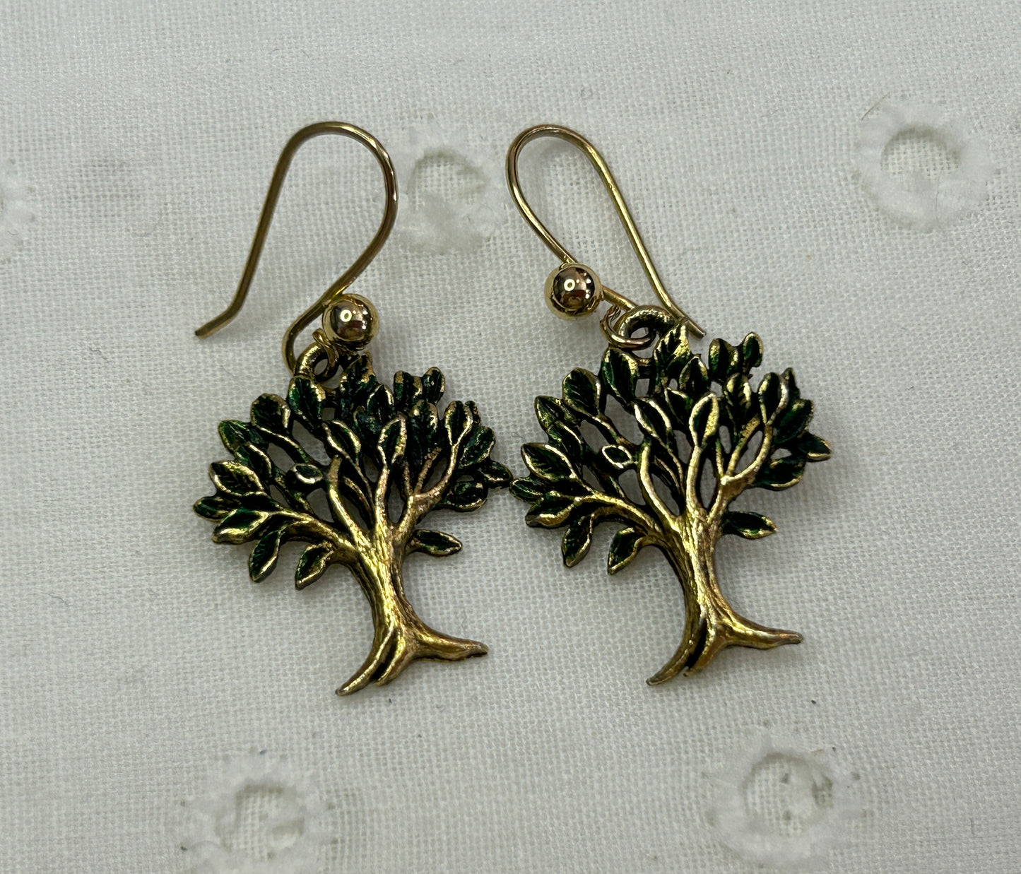 Gold Tone Green Enamel Tree Pierced Earrings French Wires