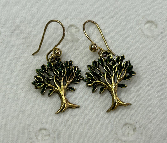 Gold Tone Green Enamel Tree Pierced Earrings French Wires