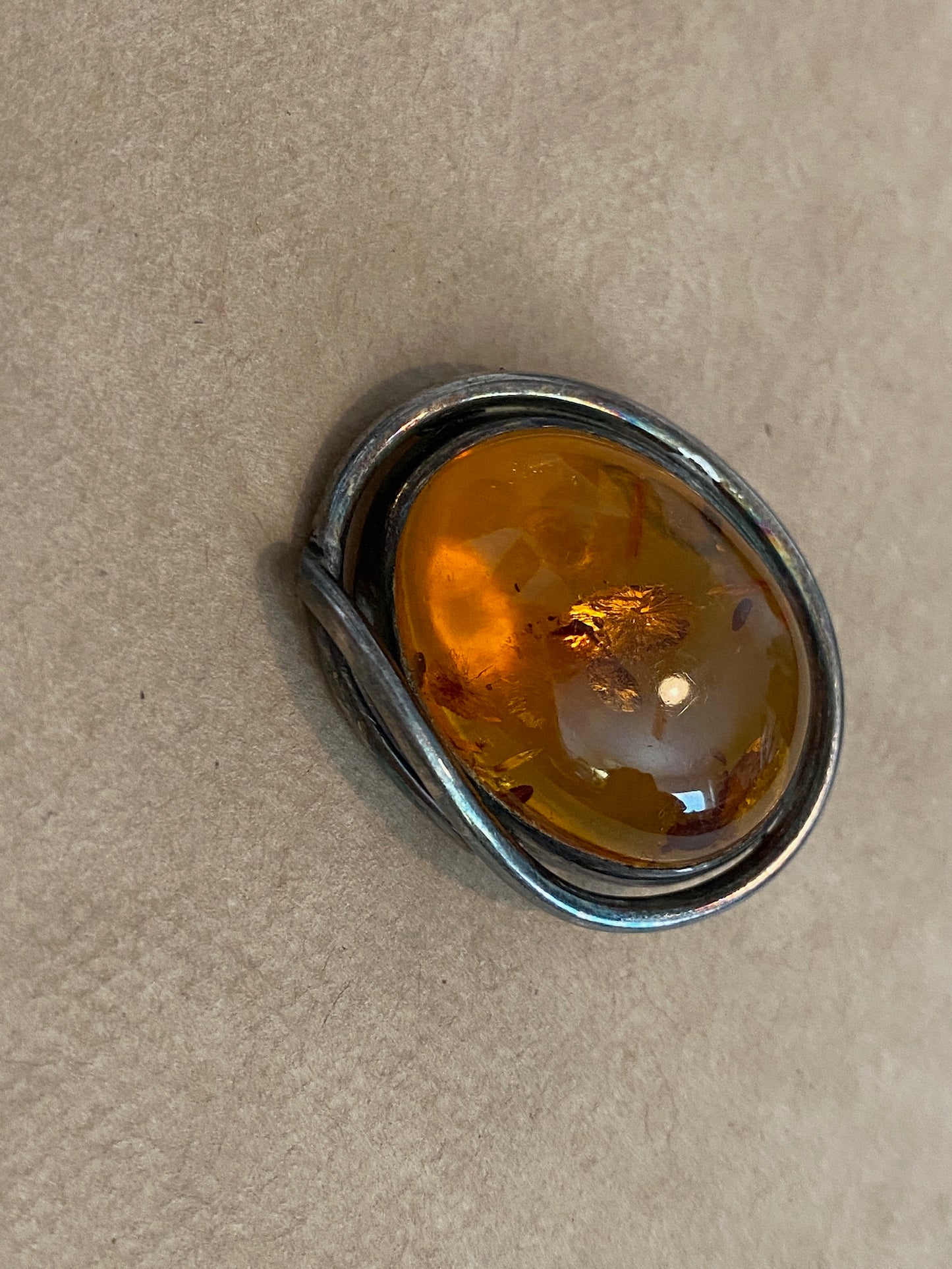 Sterling Silver 925 Amber Cabochon Necklace Pendant Brooch Pin