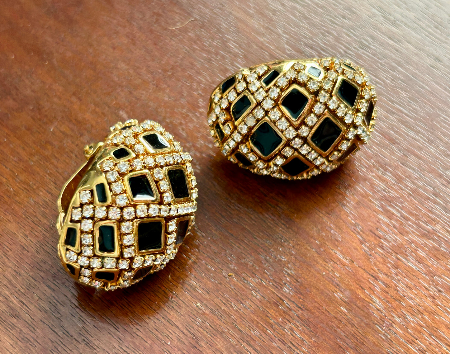 Vintage St John Bombe Gold Black Enamel Rhinestone Jeweled Clip On Earrings