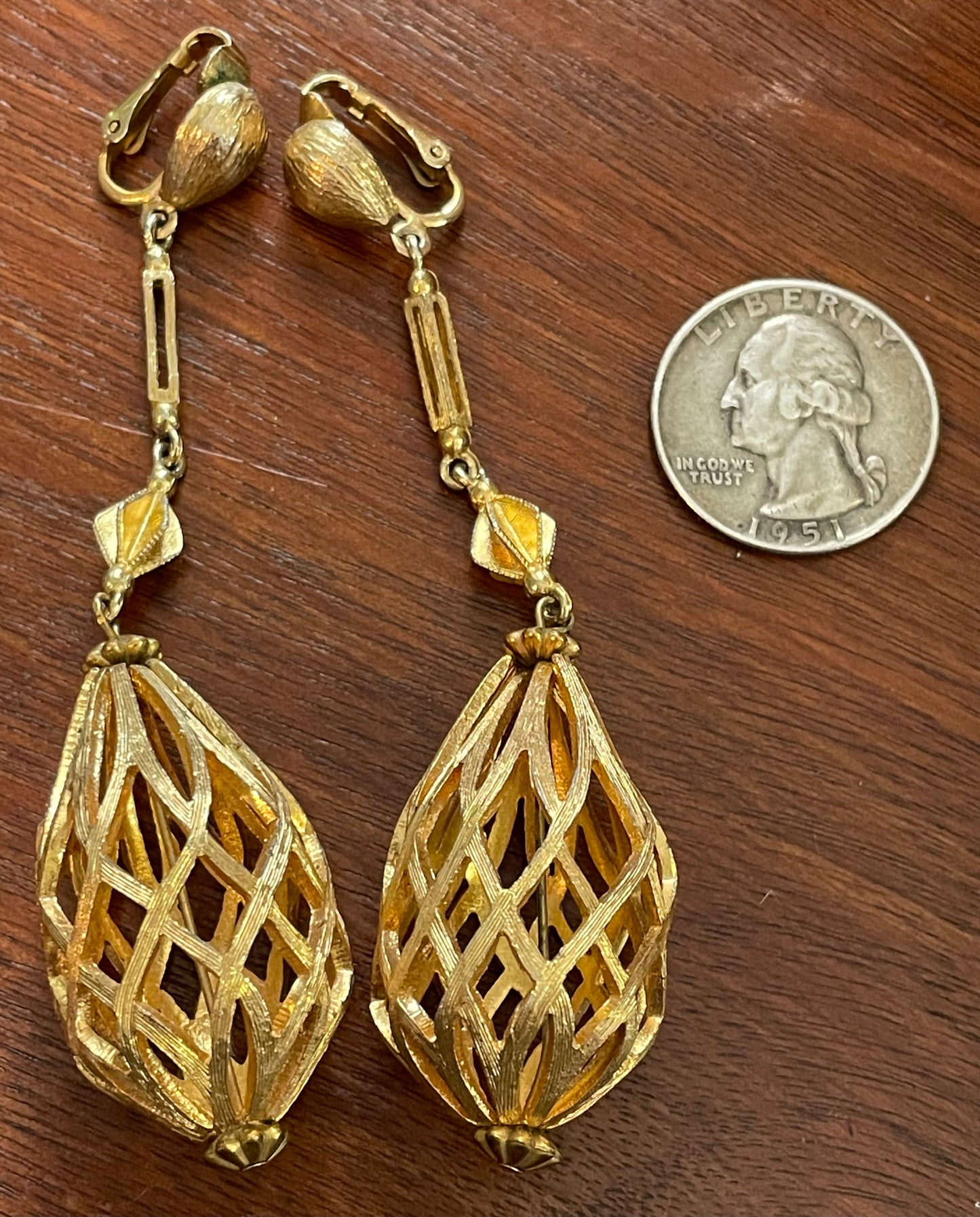 Vintage Gold Tone Textured Drop Dangly Cage Clip on Earrings