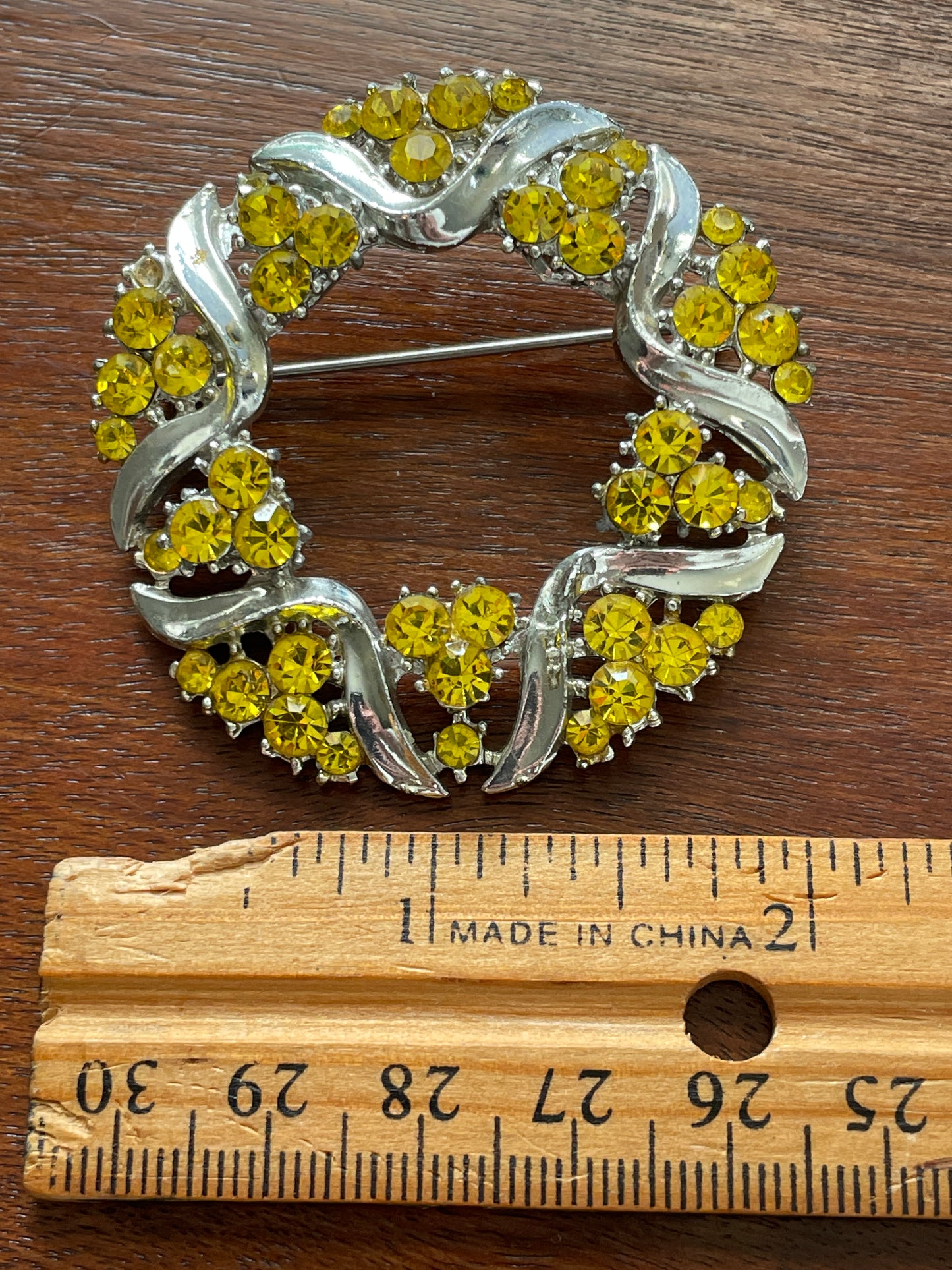 Vintage Silver Tone Wreath Brooch Lapel Pin Yellow Flowers