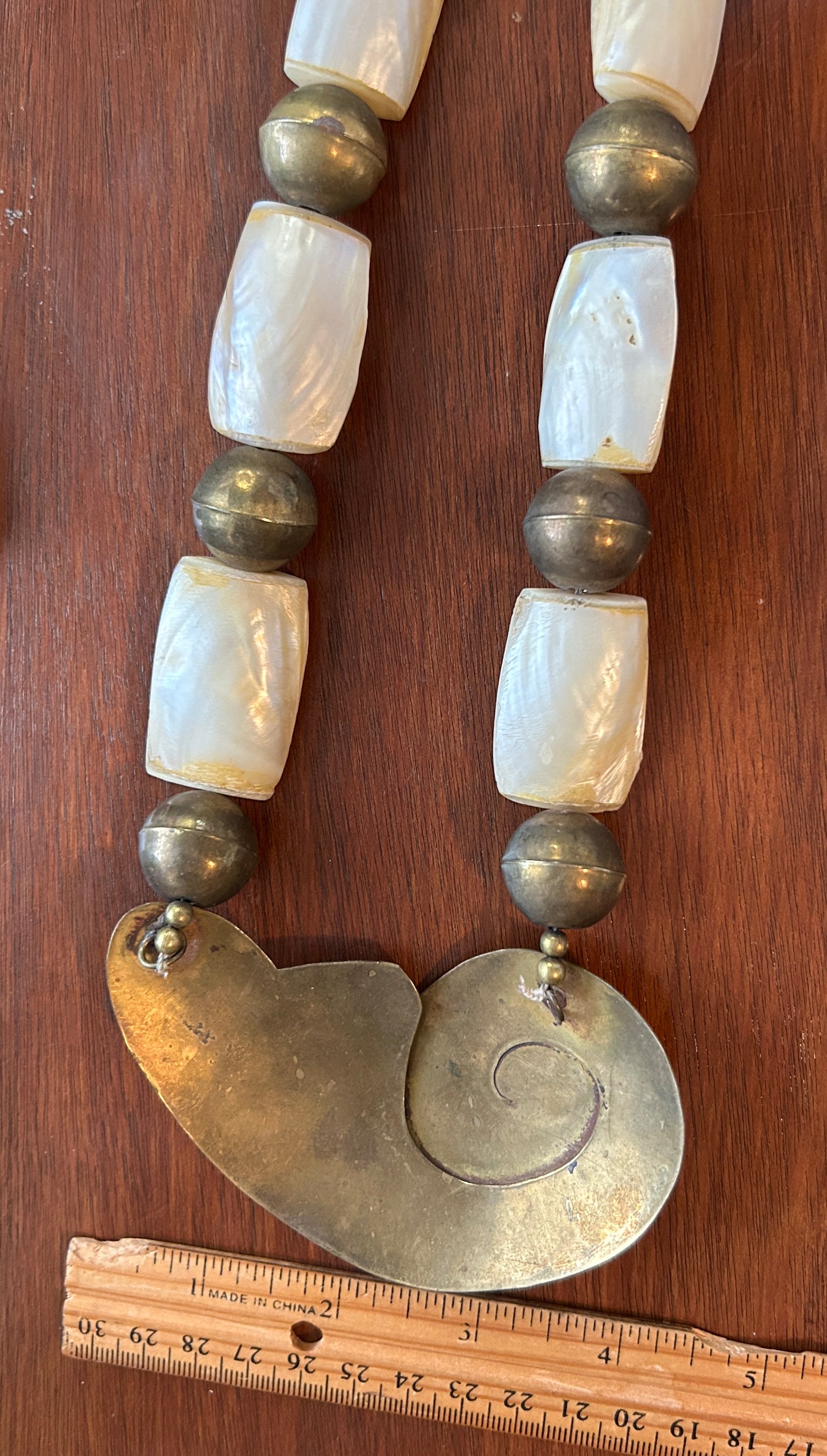 Vintage Brass MOP Mother of Pearl HUGE Tribal Island Style Necklace