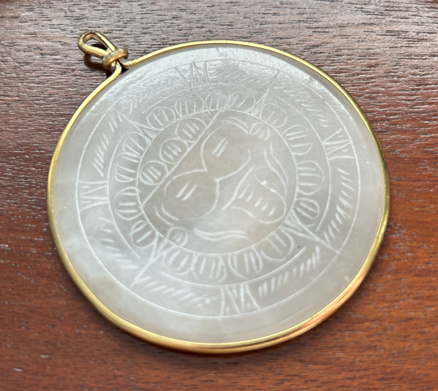 Vintage Aztec Sun Dial Etched White Stone Gold Tone Pendant