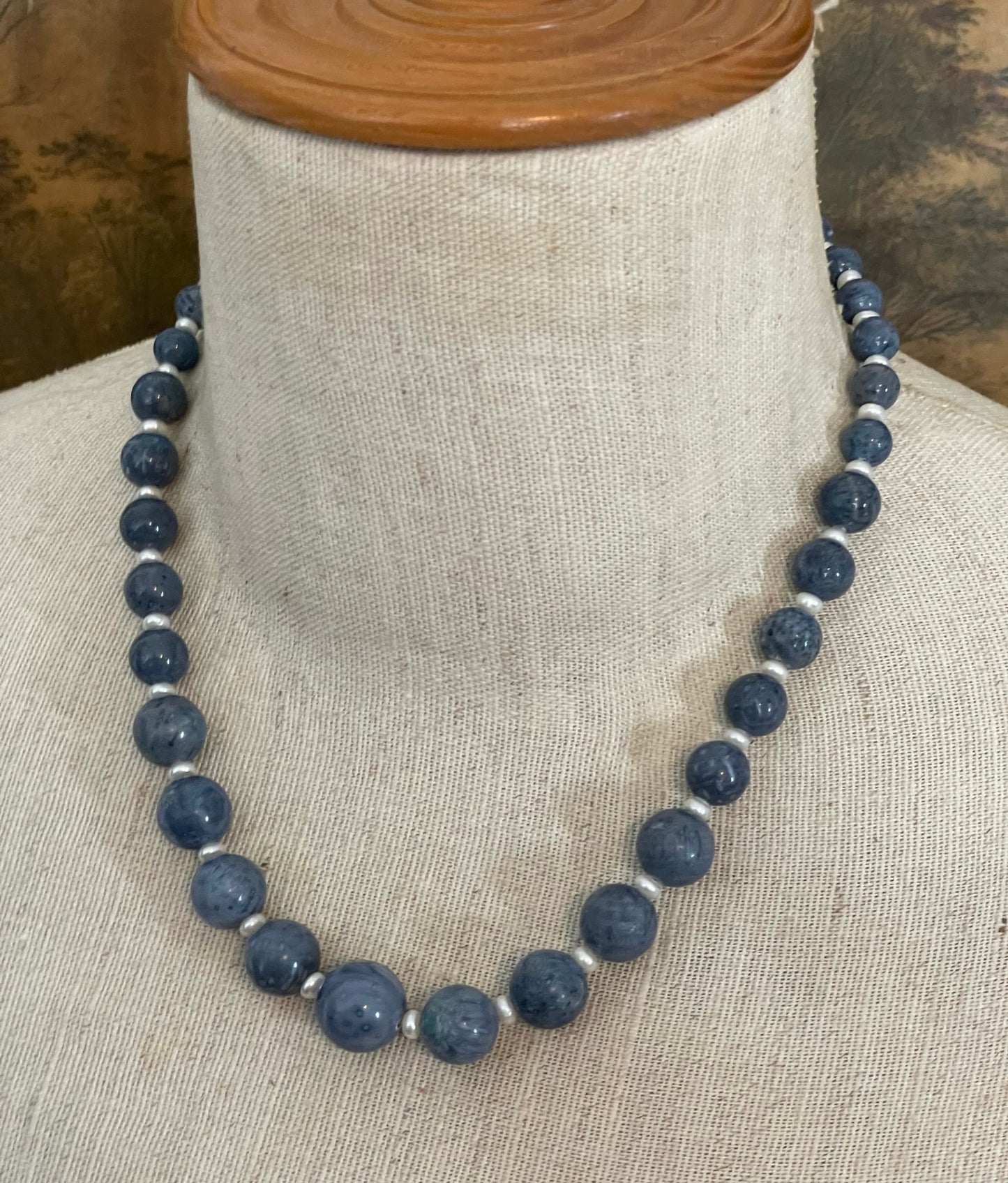 Graduating Faux Denim Turquoise Pearl Bead Sterling Silver 925 Necklace