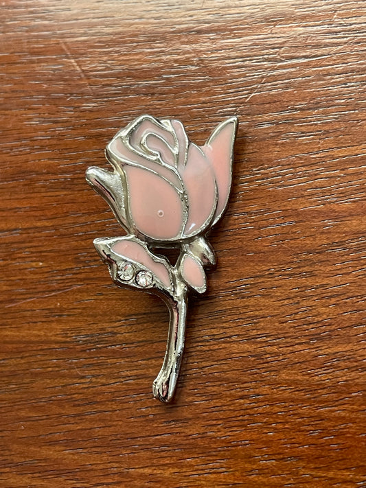 Vintage Pale Pink Enamel Long Stem Rose Silver Tone Brooch Lapel Pin