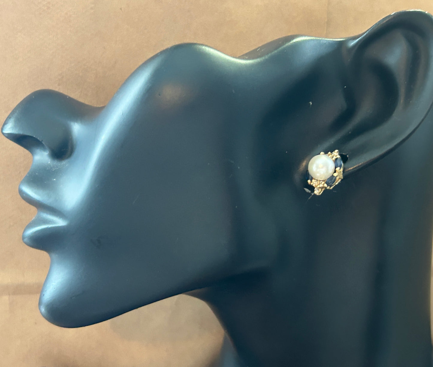 14k Yellow Gold 7mm Pearl Sapphire Diamond Stud Pierced Earrings