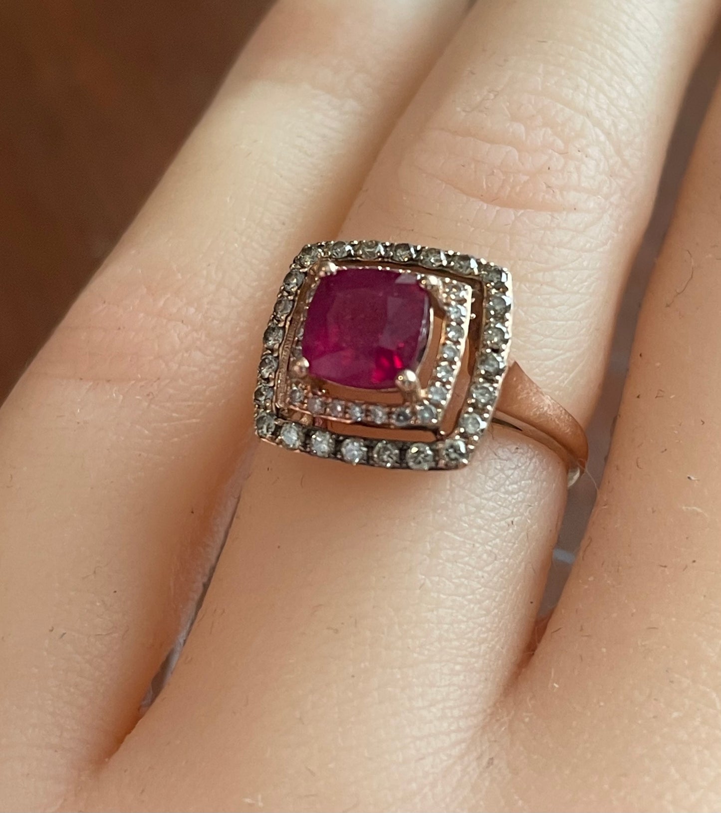 14k Rose Gold Effy Princess Cut Ruby Diamond Halo Ring Sz 4.5