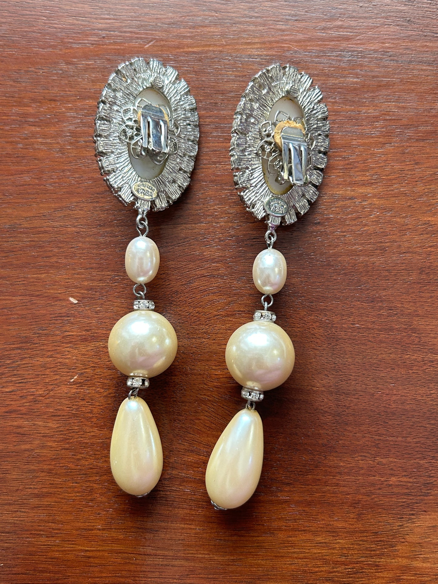 Vintage Lawrence VRBA Rhinestone Baroque Pearl Clip on Runway Earrings Designer