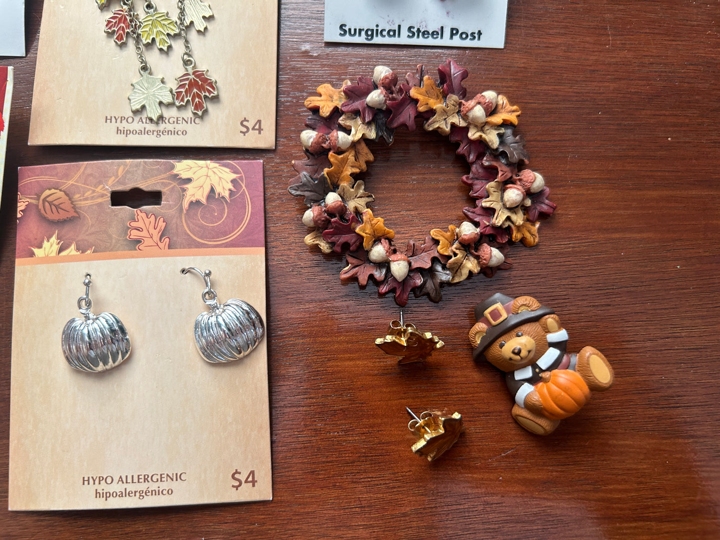 Fall Theme Jewelry Lot Earrings Brooch Wreath Leaf Corn Pumpkins & More