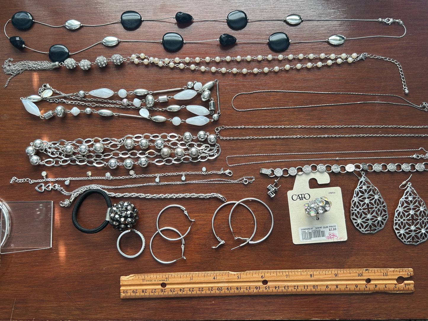 Vintage to Now Silver Tone Jewelry Lot Necklaces Earrings Hoops Rhinestone Ring