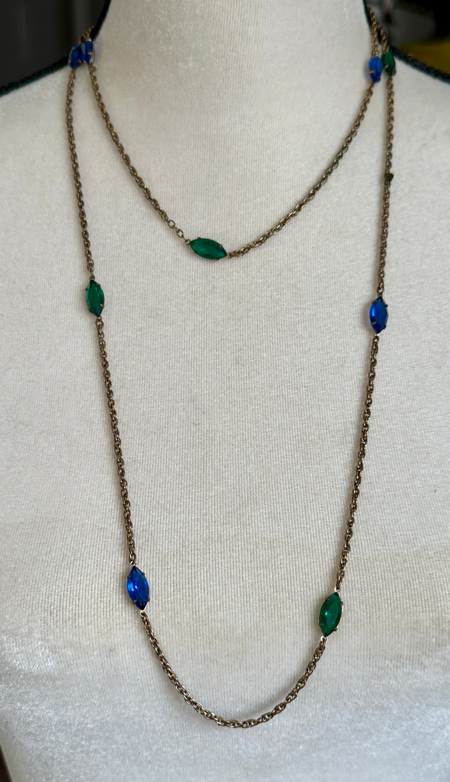 Vintage Gold Tone Chain Diamond Shaped Open Bezel Green Blue Glass Necklace