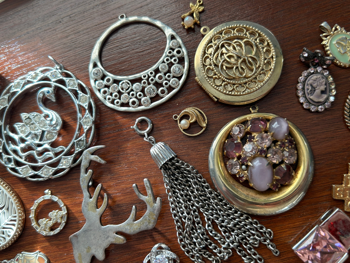 Vintage to Now Pendant Charm Lot Lockets Cameos Rhinestone Gold Silver