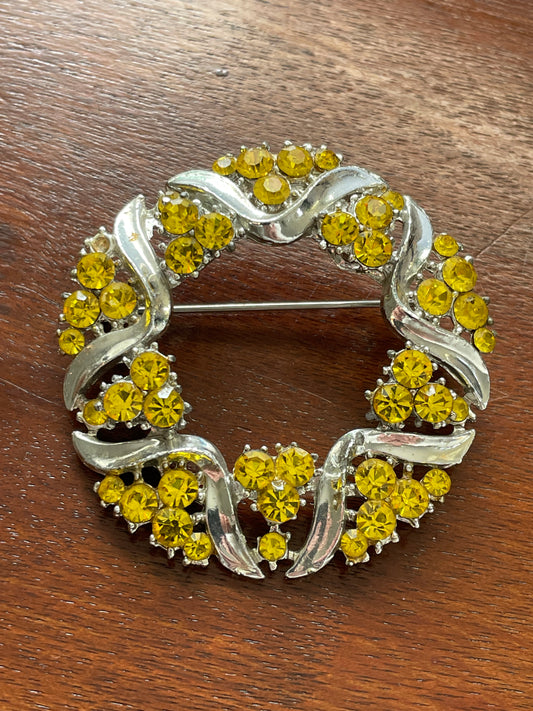 Vintage Silver Tone Wreath Brooch Lapel Pin Yellow Flowers