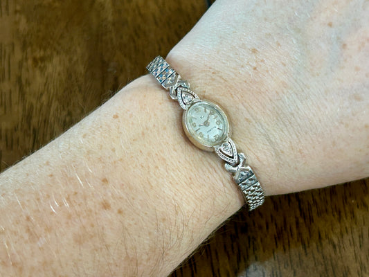 Vintage Antique 14k White Gold Diamond Women's Bulova Wristwatch Manual Wind