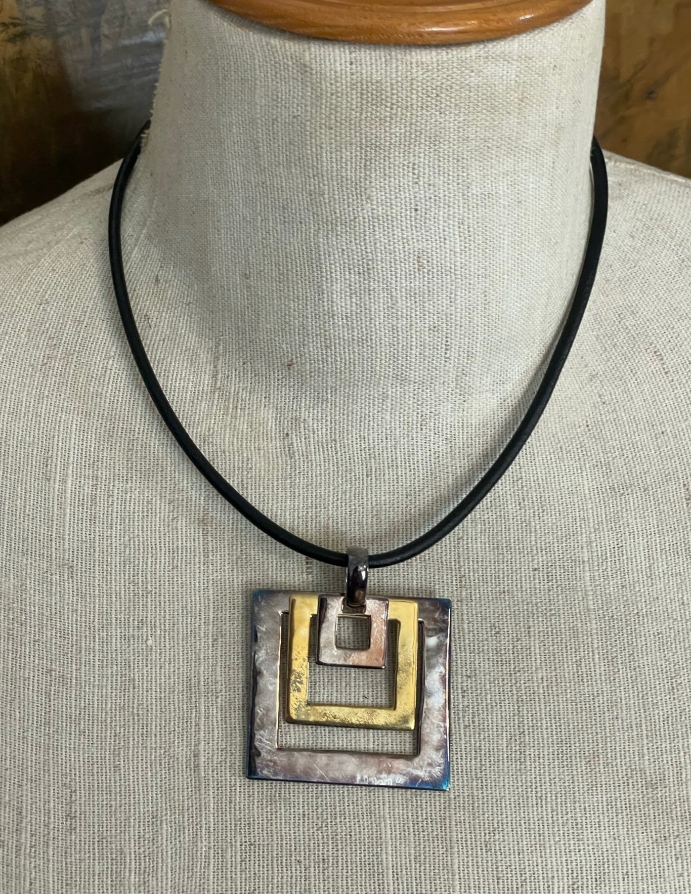 RLM Studio Robert Lee Morris Sterling Silver Brass Leather Cord Pendant Necklace