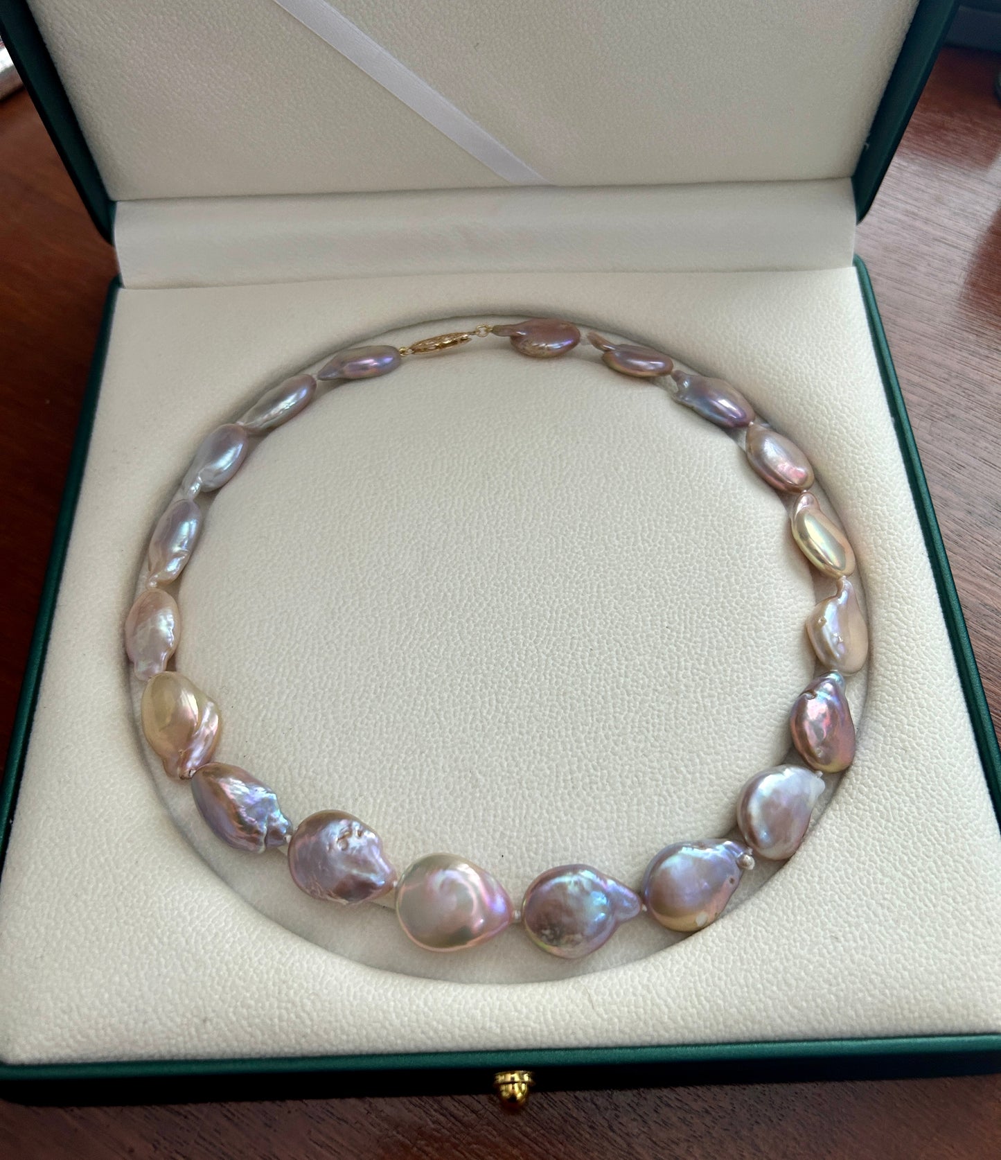 14k Yellow Gold Clasp Large Freshwater Baroque Pearl Collar Necklace w Box 16"