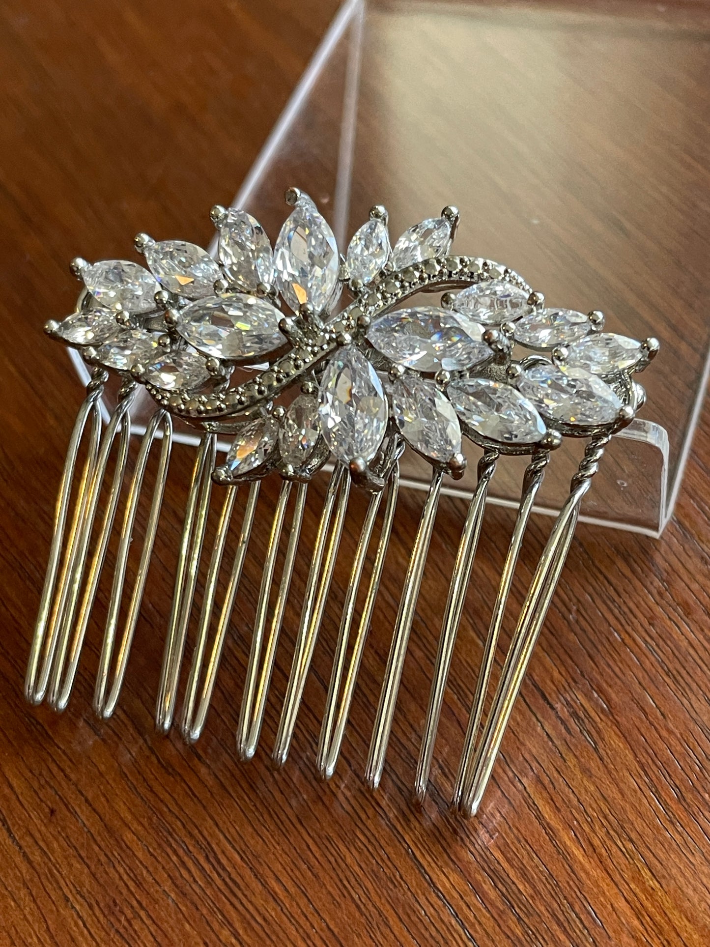 Vintage Bridal Silver Tone Hair Comb Floral Cluster Clear Rhinestones