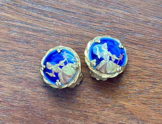 Vintage Gold Tone Deep Blue French Renaissance Scene Clip on Earrings