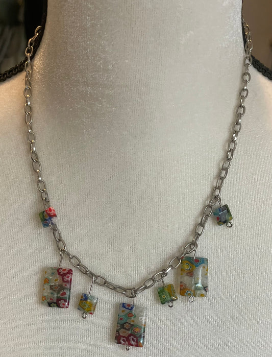 Vintage Silver Tone Chain Necklace Resin Beads Psychedelic Floral Pattern