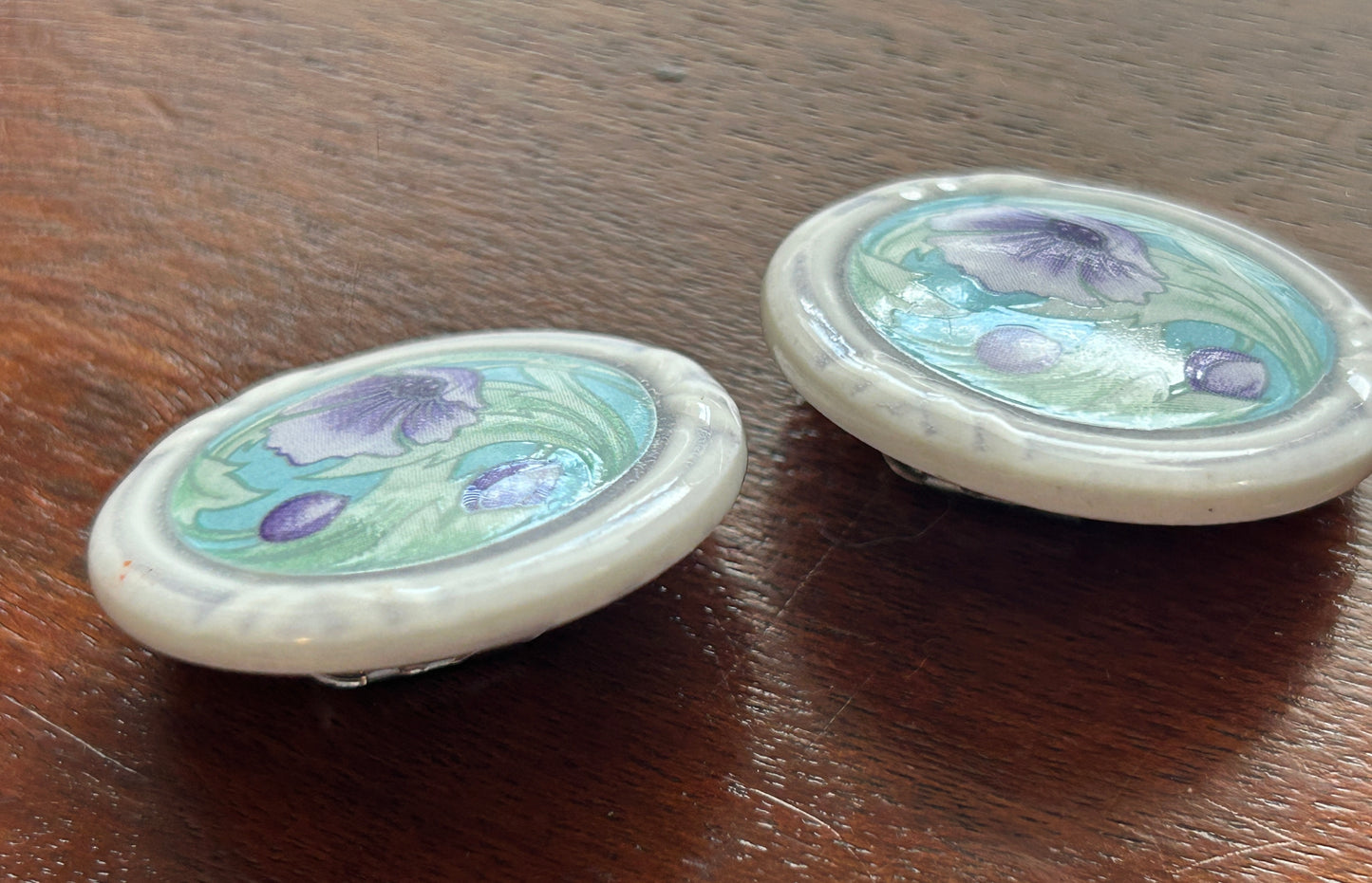 Vintage White Porcelain Hand Painted Purple Flower Round Pierced Earrings