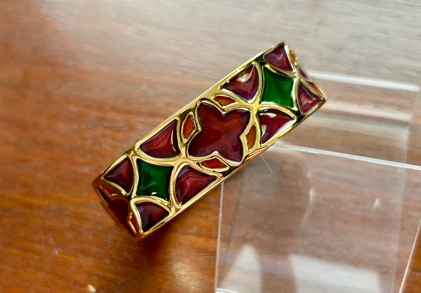 Vintage Signed Givenchy Gold Enamel Stained Glass Clamper Bracelet Red Green