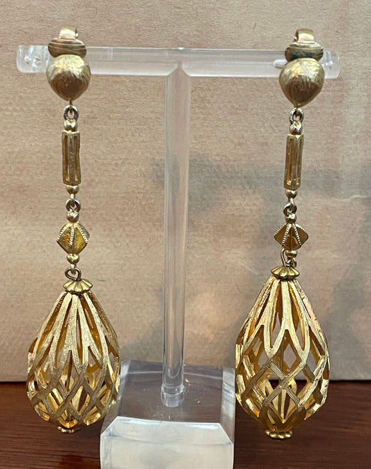 Vintage Gold Tone Textured Drop Dangly Cage Clip on Earrings