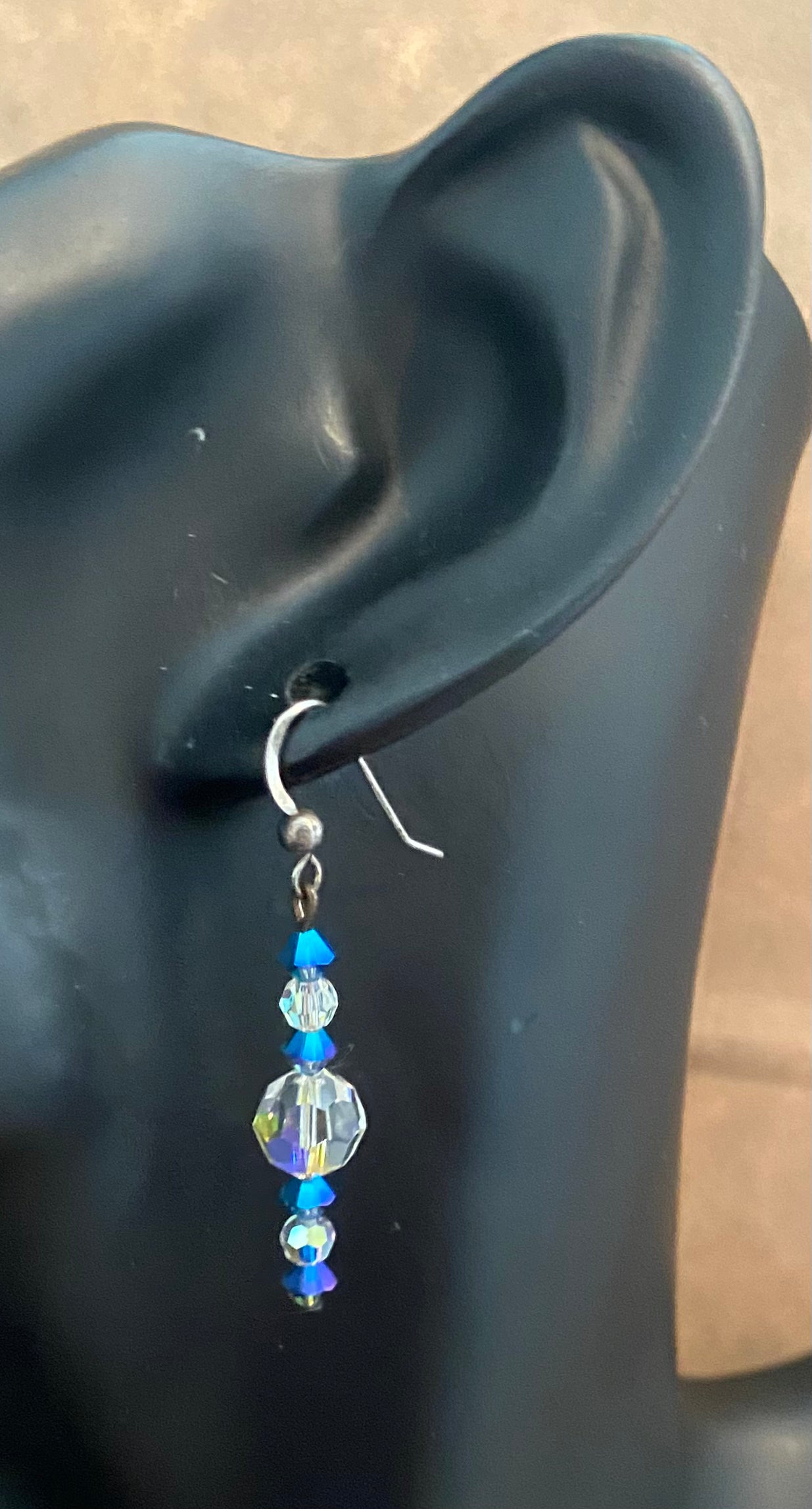 Sterling Silver 925 AB Aurora Borealis Blue Drop Dangly Pierced Earrings