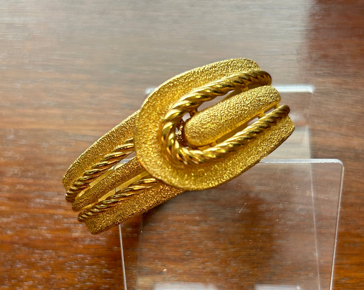Vintage Crown Trifari Textured Brushed Gold Tone Clamper Bracelet