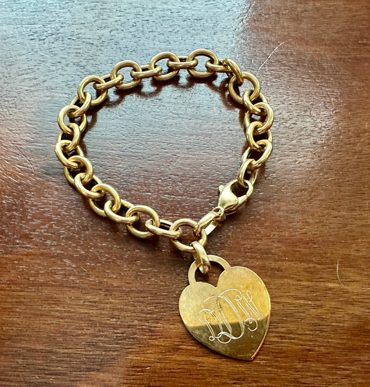 Vintage 14k Yellow Gold Chunky Chain Link Monogrammed Heart Charm Bracelet