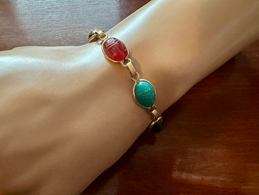 Vintage Signed Burt Cassell 12k Gold Filled Scarab Gemstone Bracelet