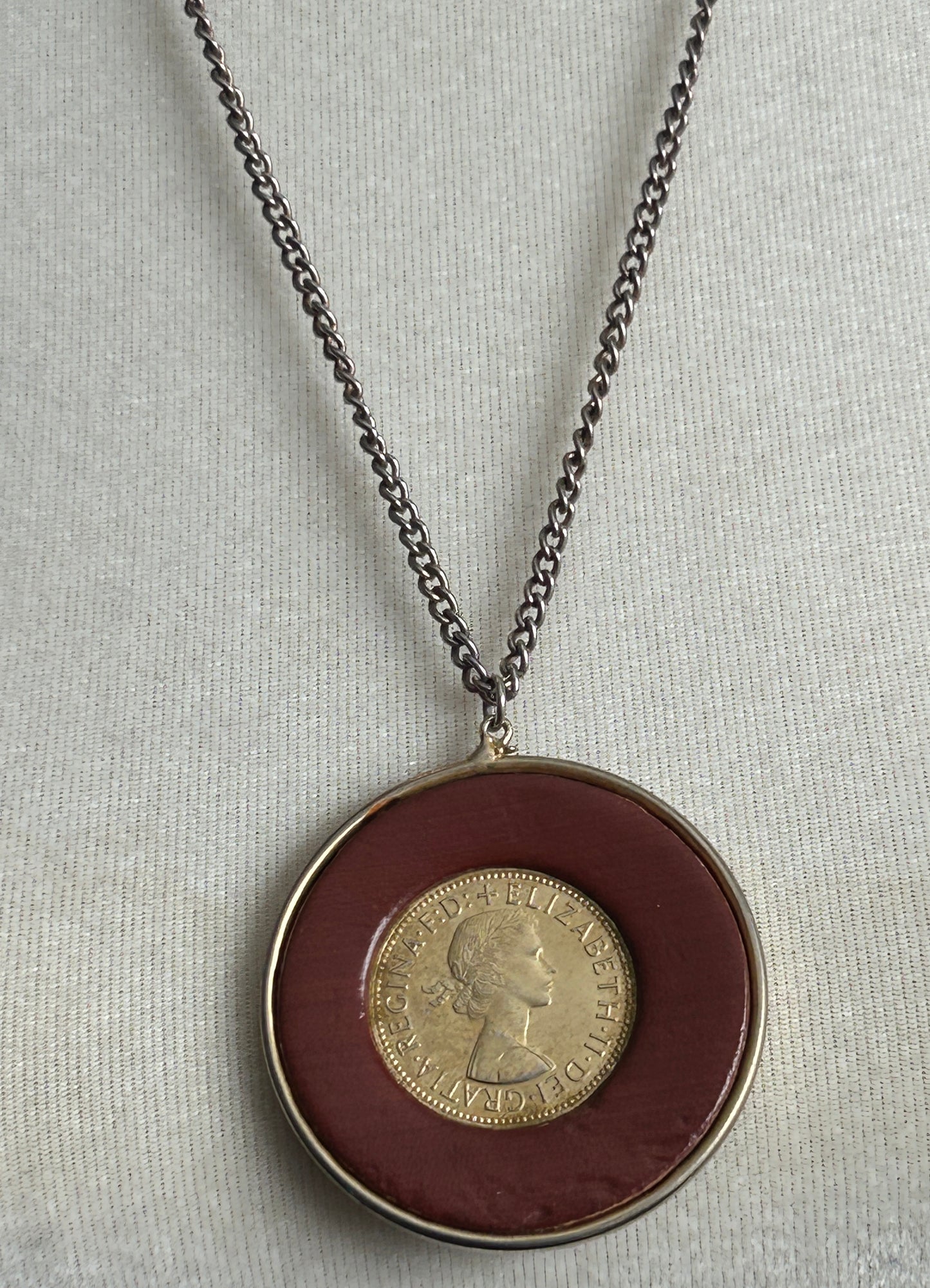 Vintage Elizabeth II Regina Coin Token Pendant Necklace Faux Red Leather