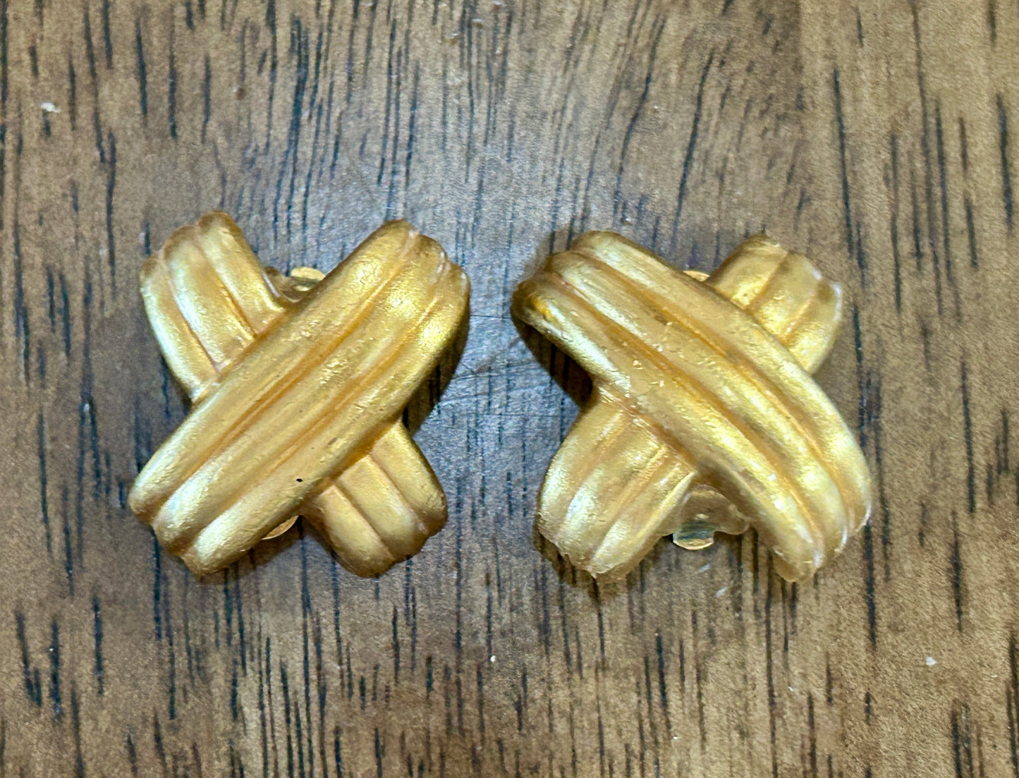 Vintage Large Matte Brushed Gold Tone X Pattern Clip On Earrings