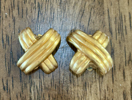 Vintage Large Matte Brushed Gold Tone X Pattern Clip On Earrings